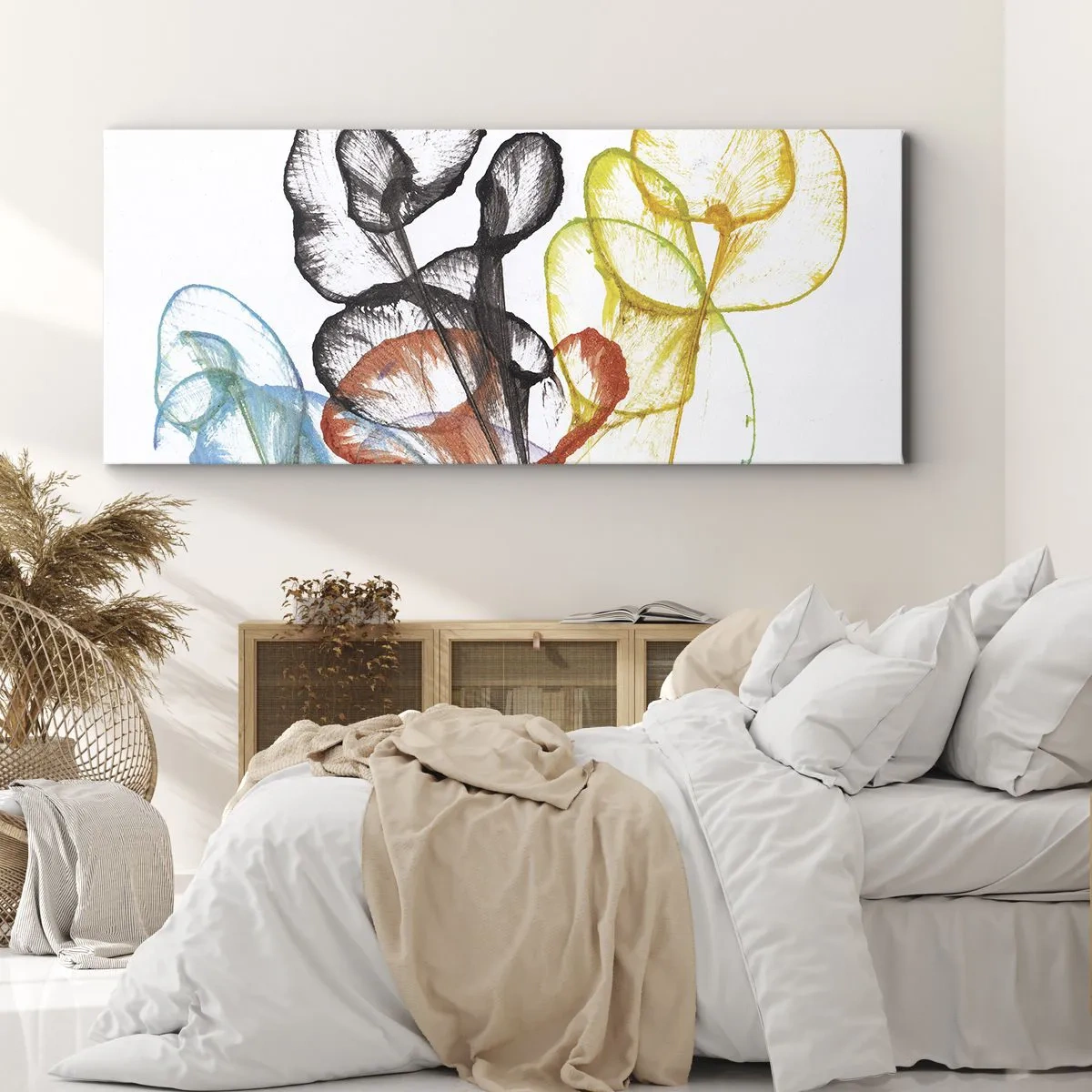 Bild auf Leinwand - Leinwandbild - Bunte transparente Blumen auf weißem Hintergrund - 140x50cm - Blumen mit Seele - Moderne Wanddekoration für Wohnzimmer und Schlafzimmer ARTTOR