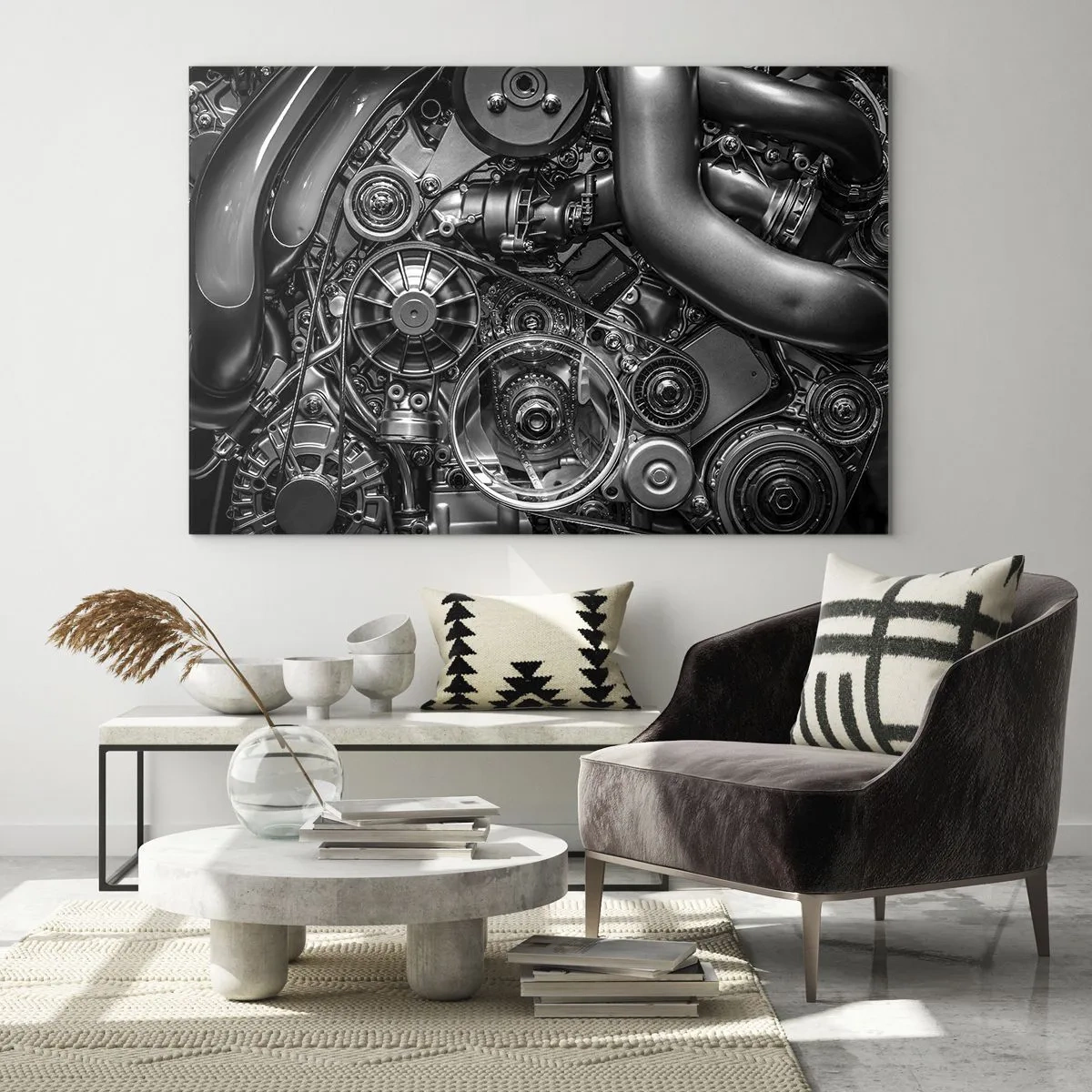 Glasbild - Bild auf glas - Detail eines schwarz-weißen Motors mit sichtbaren Mechanismen - 70x50cm - Die Poesie der Mechanik - Moderne Wanddekoration für Wohnzimmer und Schlafzimmer ARTTOR