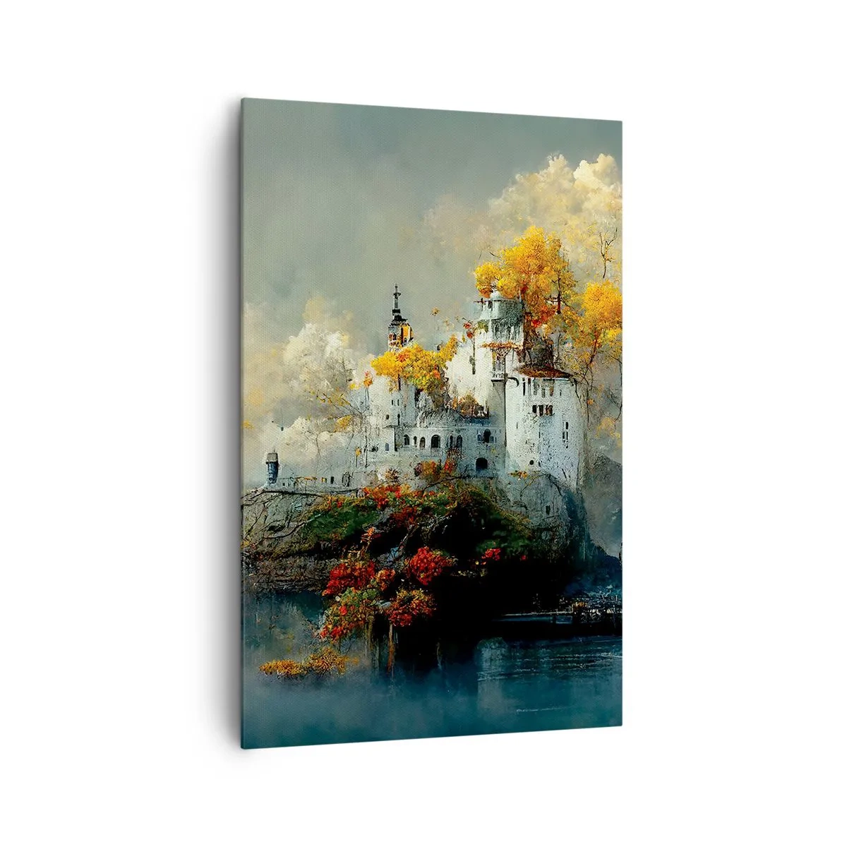 Bild auf Leinwand - Leinwandbild - Ein Schloss auf einem Hügel, umgeben von herbstlichen Bäumen - 80x120cm - Beginn einer romantischen Geschichte - Moderne Wanddekoration für Wohnzimmer und Schlafzimmer ARTTOR