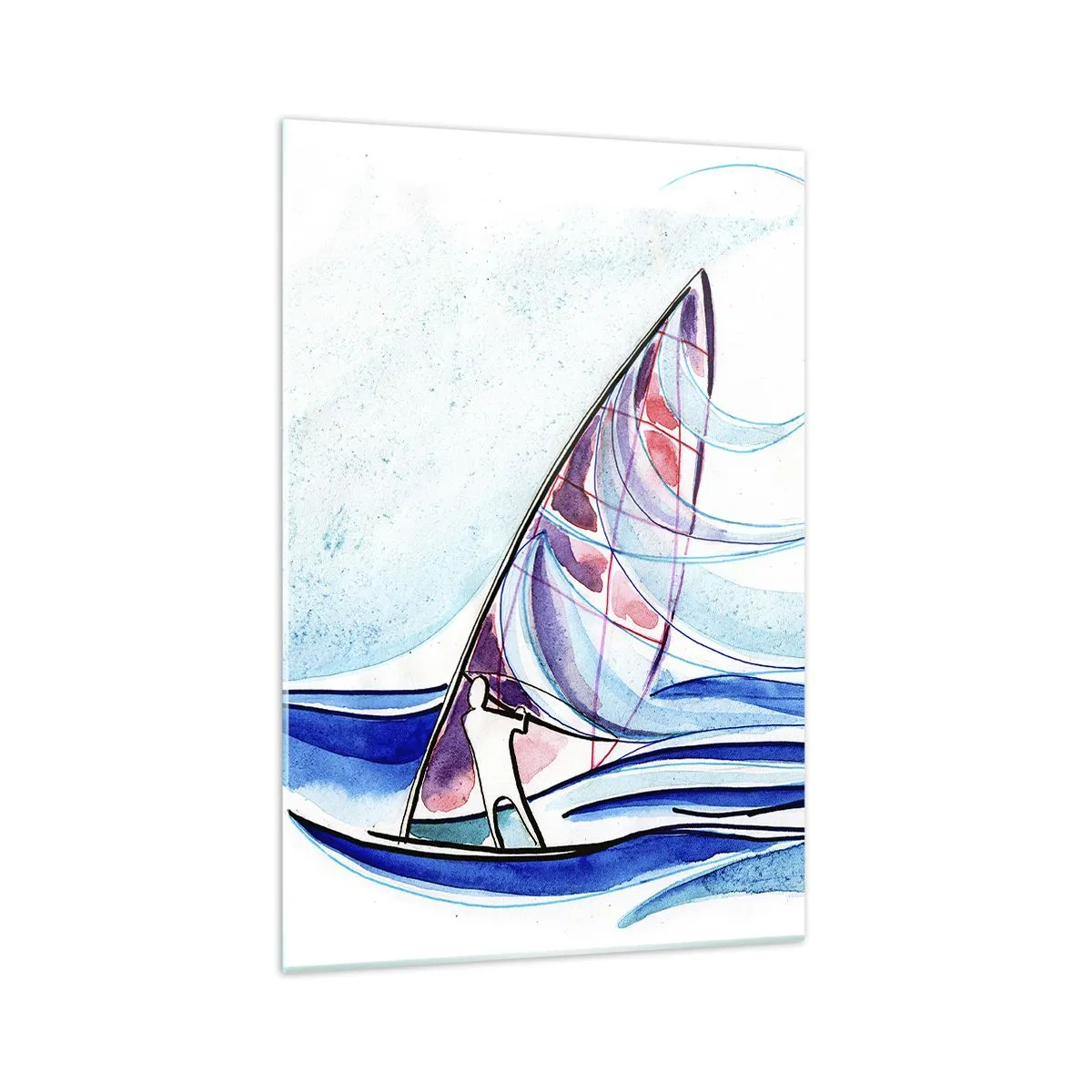 Glasbild - Bild auf glas - Ein Surfer, der in einer abstrakten Aquarellkomposition auf den Wellen reitet - 70x100cm - Mit dem Wind im Rhythmus der Wellen - Moderne Wanddekoration für Wohnzimmer und Schlafzimmer ARTTOR