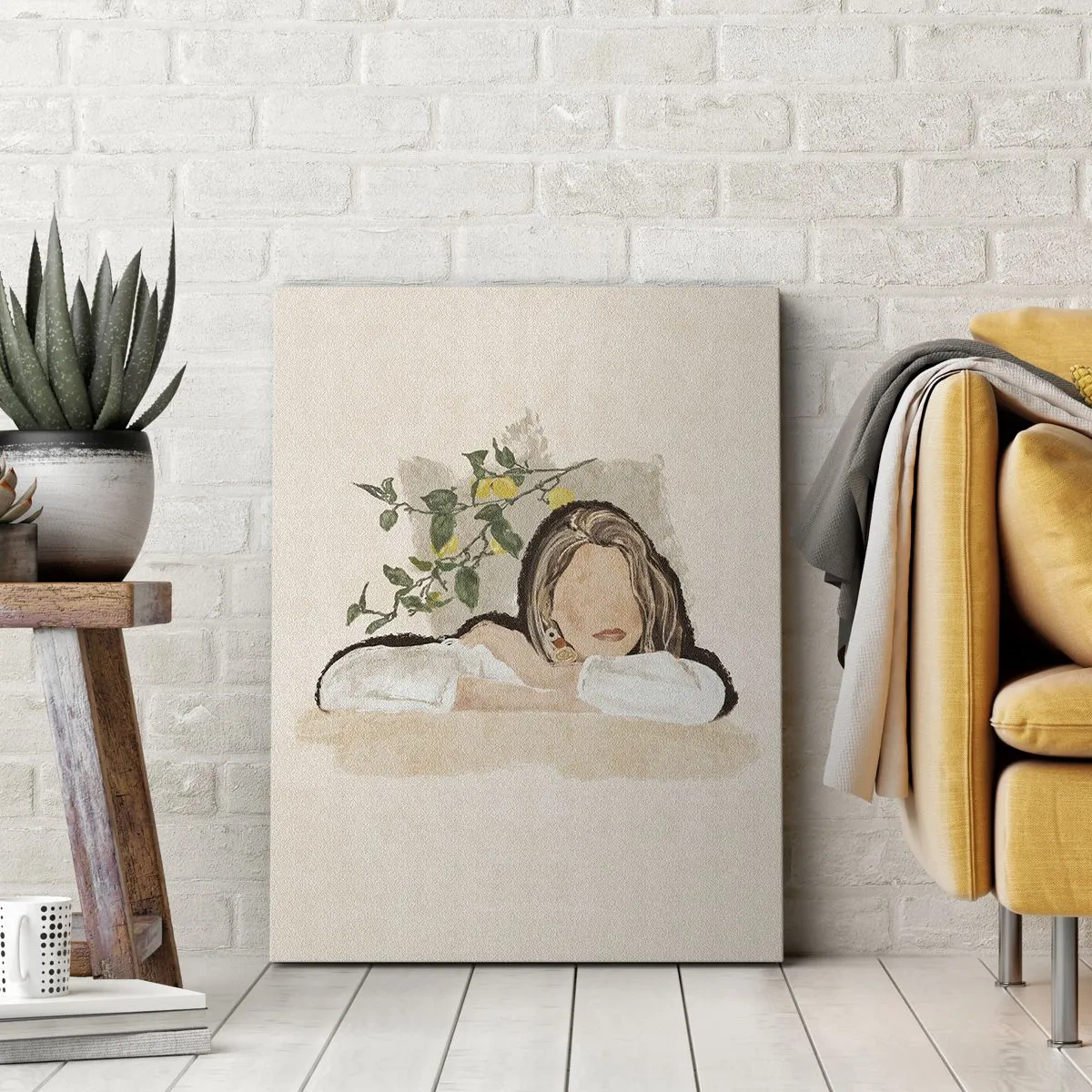 Bild auf Leinwand - Leinwandbild - Die Figur einer Frau vor dem Hintergrund eines Zitronenbaums - 80x120cm - Südländische Schönheit - Moderne Wanddekoration für Wohnzimmer und Schlafzimmer ARTTOR