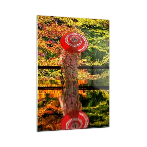 Glasbild - Bild auf glas - Eine Frau im Kimono mit Regenschirm vor einer Herbstlandschaft, die sich im Wasser spiegelt. - 50x70cm - Im Tempel der Natur - Moderne Wanddekoration für Wohnzimmer und Schlafzimmer ARTTOR