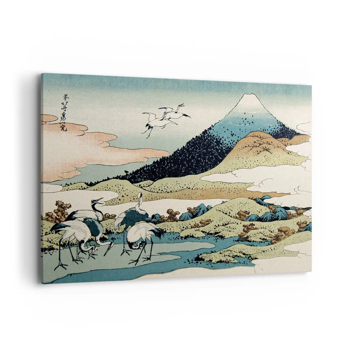 Bild auf Leinwand - Leinwandbild - Traditionelle japanische Grafik mit Bergen und Kranichen - 100x70cm - Im japanischen Geist - Moderne Wanddekoration für Wohnzimmer und Schlafzimmer ARTTOR