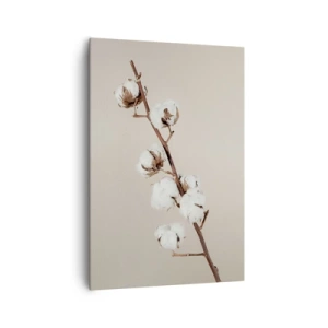 Bild auf Leinwand - Leinwandbild - Ein Zweig Baumwolle auf beigem Hintergrund - 70x100cm - An der Quelle der Weichheit - Moderne Wanddekoration für Wohnzimmer und Schlafzimmer ARTTOR