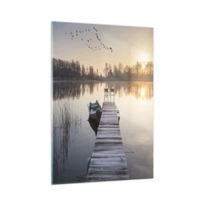 Glasbild - Bild auf glas - Morgen am See mit Pier - 50x70cm - Ich komme nach einiger Zeit zurück - Moderne Wanddekoration für Wohnzimmer und Schlafzimmer ARTTOR