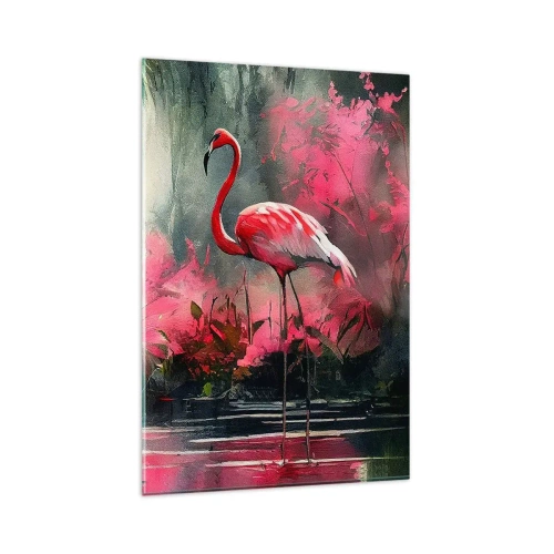 Glasbild - Bild auf glas - Flamingos am Wasser, umgeben von Vegetation - 80x120cm - Lektion in natürlicher Anmut - Moderne Wanddekoration für Wohnzimmer und Schlafzimmer ARTTOR