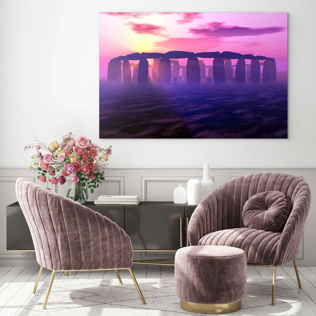 Glasbild - Bild auf glas - Stonehenge im Licht eines rosa Sonnenuntergangs - 120x80cm - Geheimnis im Morgengrauen im Nebel - Moderne Wanddekoration für Wohnzimmer und Schlafzimmer ARTTOR