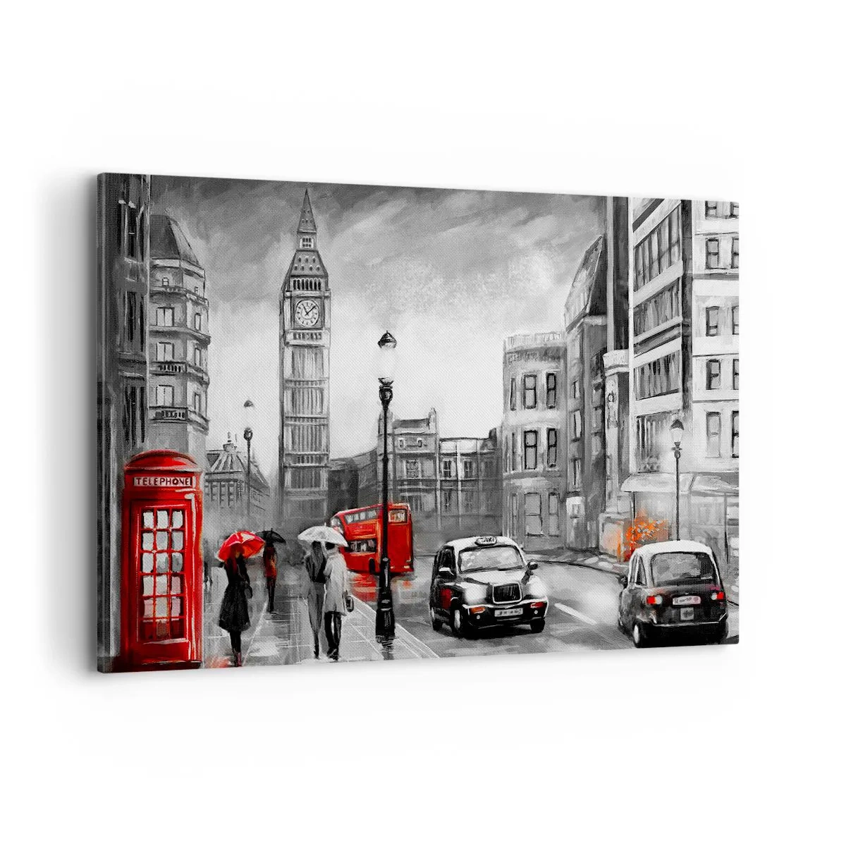Bild auf Leinwand - Leinwandbild - Eine Londoner Szene in Schwarzweiß mit roten Akzenten - 120x80cm - Gar keine graue Stadt - Moderne Wanddekoration für Wohnzimmer und Schlafzimmer ARTTOR