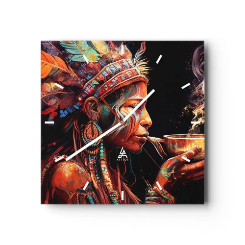 Wanduhr - Glasuhr - Eine farbenfrohe Figur im Ethno-Stil mit einer Tasse dampfenden Getränks - 30x30cm - Magisches Ritual - Moderne Wanddekoration für Wohnzimmer und Schlafzimmer ARTTOR