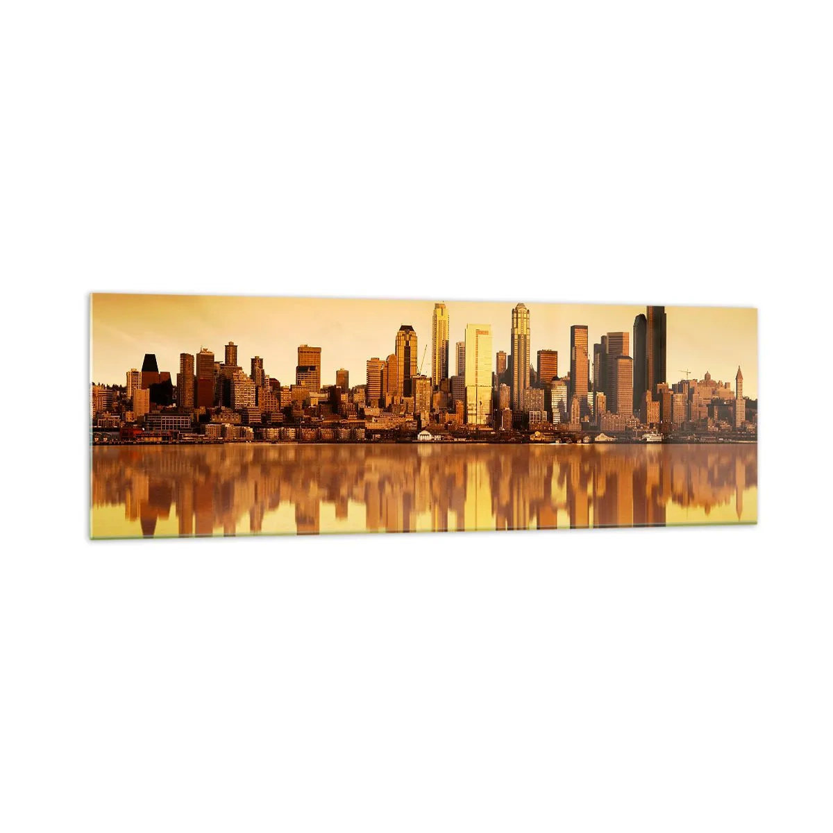 Glasbild - Bild auf glas - Stadtpanorama spiegelt sich im Wasser bei Sonnenuntergang - 160x50cm - Die Stille der Metropole - Moderne Wanddekoration für Wohnzimmer und Schlafzimmer ARTTOR