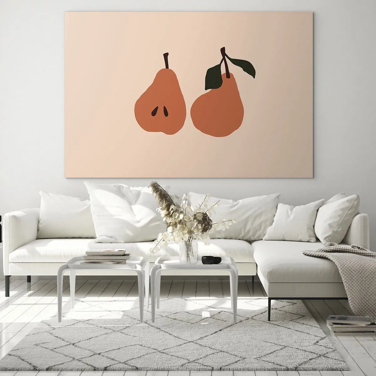 Glasbild - Bild auf glas - Illustration von zwei Birnen auf beigem Hintergrund im minimalistischen Stil - 120x80cm - Pure Süße - Moderne Wanddekoration für Wohnzimmer und Schlafzimmer ARTTOR