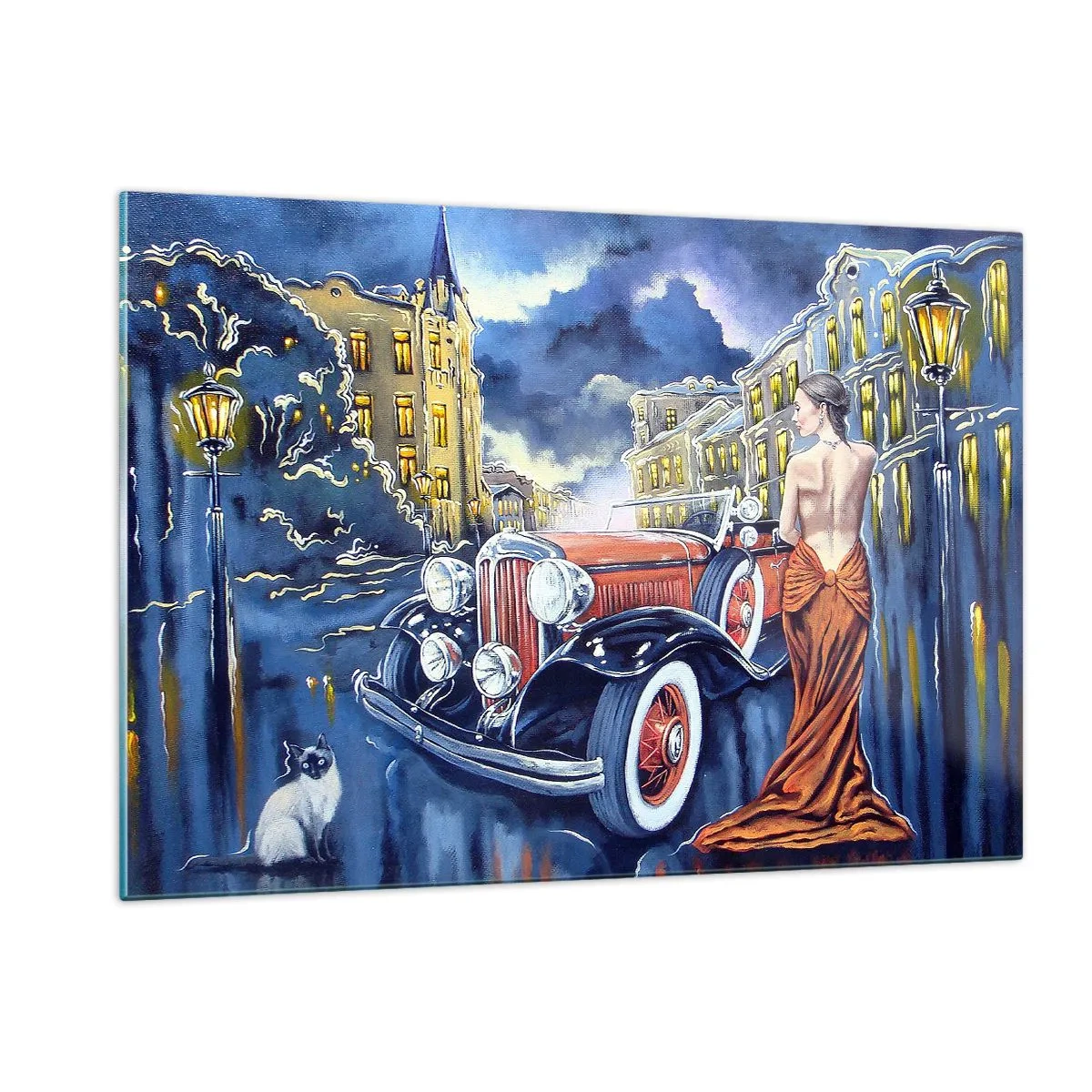 Glasbild - Bild auf glas - Eine Frau in einem eleganten Kleid neben einem Oldtimer - 120x80cm - Nocturne in Blau und Koralle - Moderne Wanddekoration für Wohnzimmer und Schlafzimmer ARTTOR