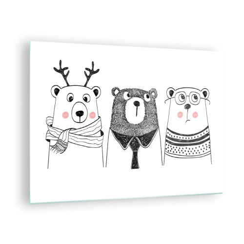 Glasbild - Bild auf glas - Drei lustige Bären in einer Schwarz-Weiß-Illustration - 70x50cm - Teddybär, Teddybär und Bär - Moderne Wanddekoration für Wohnzimmer und Schlafzimmer ARTTOR