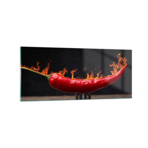 Glasbild - Bild auf glas - Feurige rote Paprika auf einer Gabel - 120x50cm - Eine feurige Vorspeise - Moderne Wanddekoration für Wohnzimmer und Schlafzimmer ARTTOR