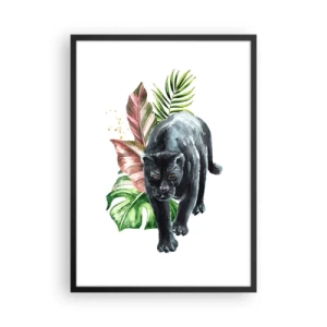 Poster in einem schwarzem Rahmen - Schwarzer Panther vor einem Hintergrund aus tropischen Blättern - 50x70cm - Wildheit des Herzens - Moderne Wanddekoration für Wohnzimmer und Schlafzimmer ARTTOR