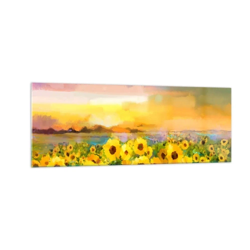 Glasbild - Bild auf glas - Ein Sonnenblumenfeld im Licht der untergehenden Sonne - 140x50cm - Die Sonne selbst ist auf die Erde herabgestiegen - Moderne Wanddekoration für Wohnzimmer und Schlafzimmer ARTTOR