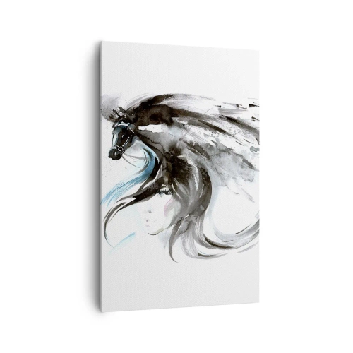 Bild auf Leinwand - Leinwandbild - Eine Frau und ein Pferd in einem mystischen Aquarell voller Dynamik - 80x120cm - Schwarzer Prinz Galopp - Moderne Wanddekoration für Wohnzimmer und Schlafzimmer ARTTOR