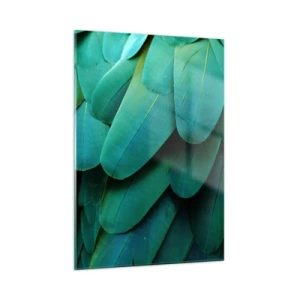Glasbild - Bild auf glas - Eine Nahaufnahme der intensiv grünen Federn eines Papageis. - 50x70cm - Papageienartige Präzision - Moderne Wanddekoration für Wohnzimmer und Schlafzimmer ARTTOR