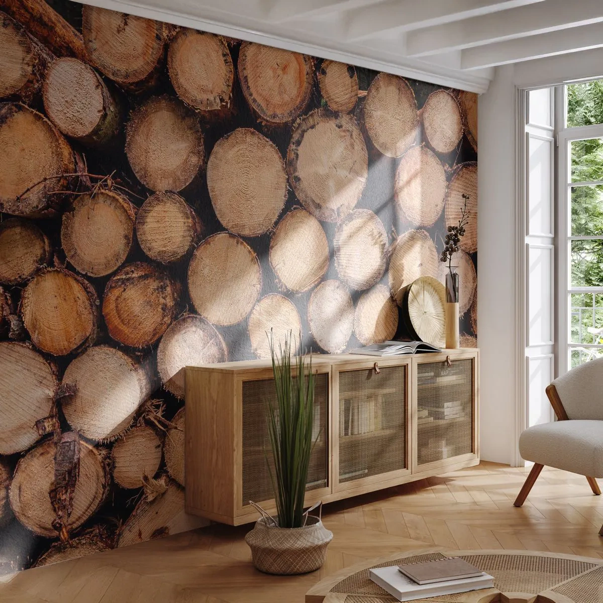 Maßgeschneiderte Fototapete Standard Eco - Ein neuer Anfang - Holz, Holzstämme, Natur