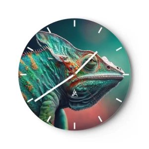 Wanduhr - Glasuhr - Eine Nahaufnahme eines bunten Chamäleons vor einem grün-rosa Hintergrund. - 30x30cm - Siehst du mich? Nicht gut… - Moderne Wanddekoration für Wohnzimmer, Küche und Schlafzimmer ARTTOR