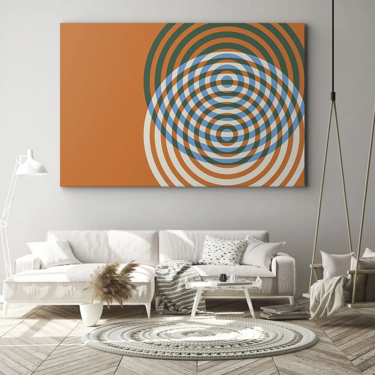 Bild auf Leinwand - Leinwandbild - Konzentrische Kreise auf orangefarbenem Hintergrund - 100x70cm - Abstrakte kreisförmige Variation - Moderne Wanddekoration für Wohnzimmer und Schlafzimmer ARTTOR