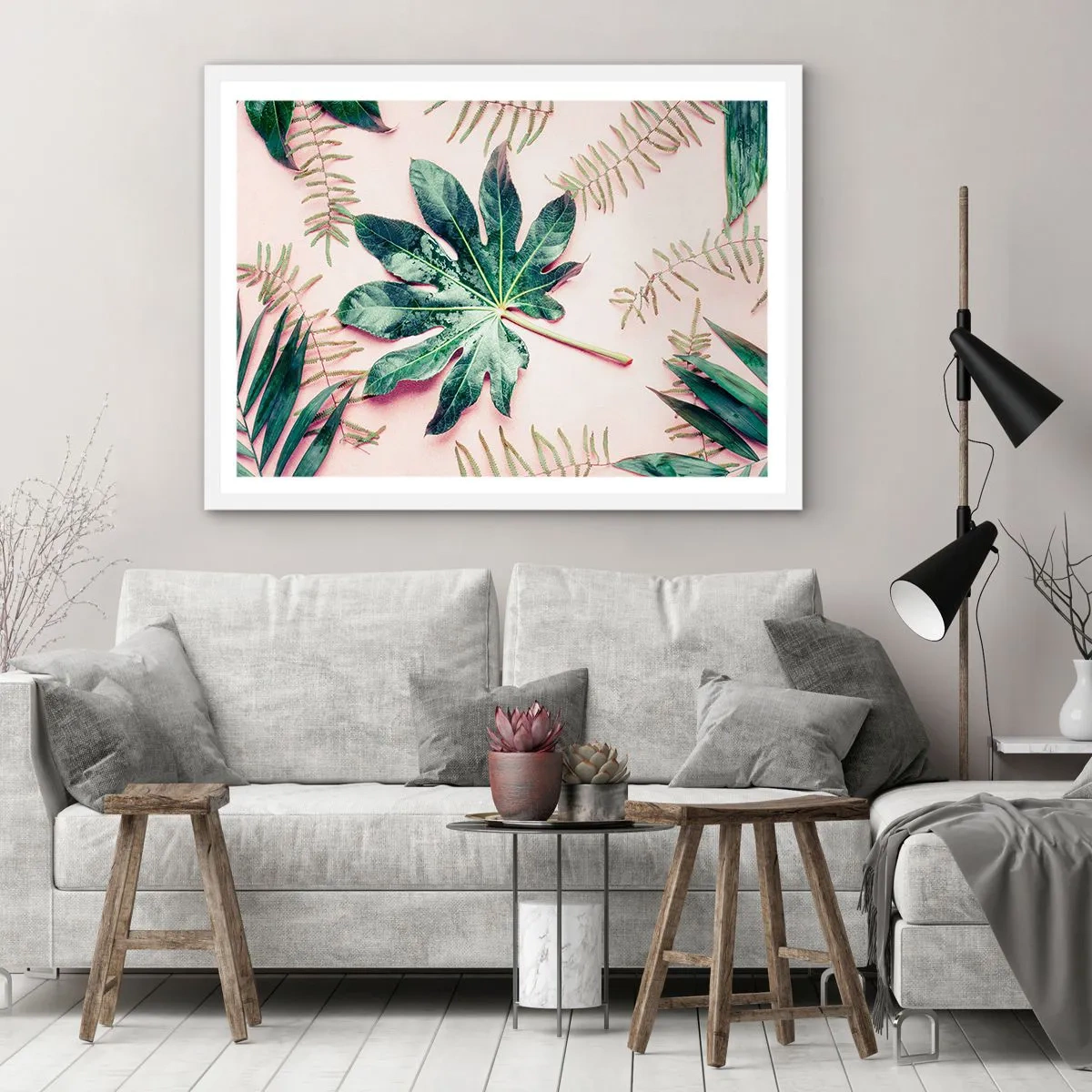 Poster in einem weißen Rahmen - Eine Studie von Grün auf einem rosa Hintergrund - 91x61 cm