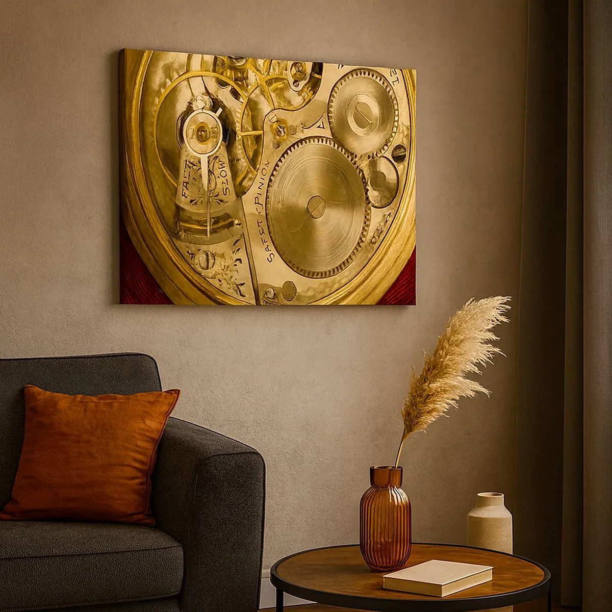 Bild auf Leinwand - Leinwandbild - Uhrwerk mit sichtbaren Zahnrädern und Details - 70x50cm - Geh mit der Zeit - Moderne Wanddekoration für Wohnzimmer und Schlafzimmer ARTTOR