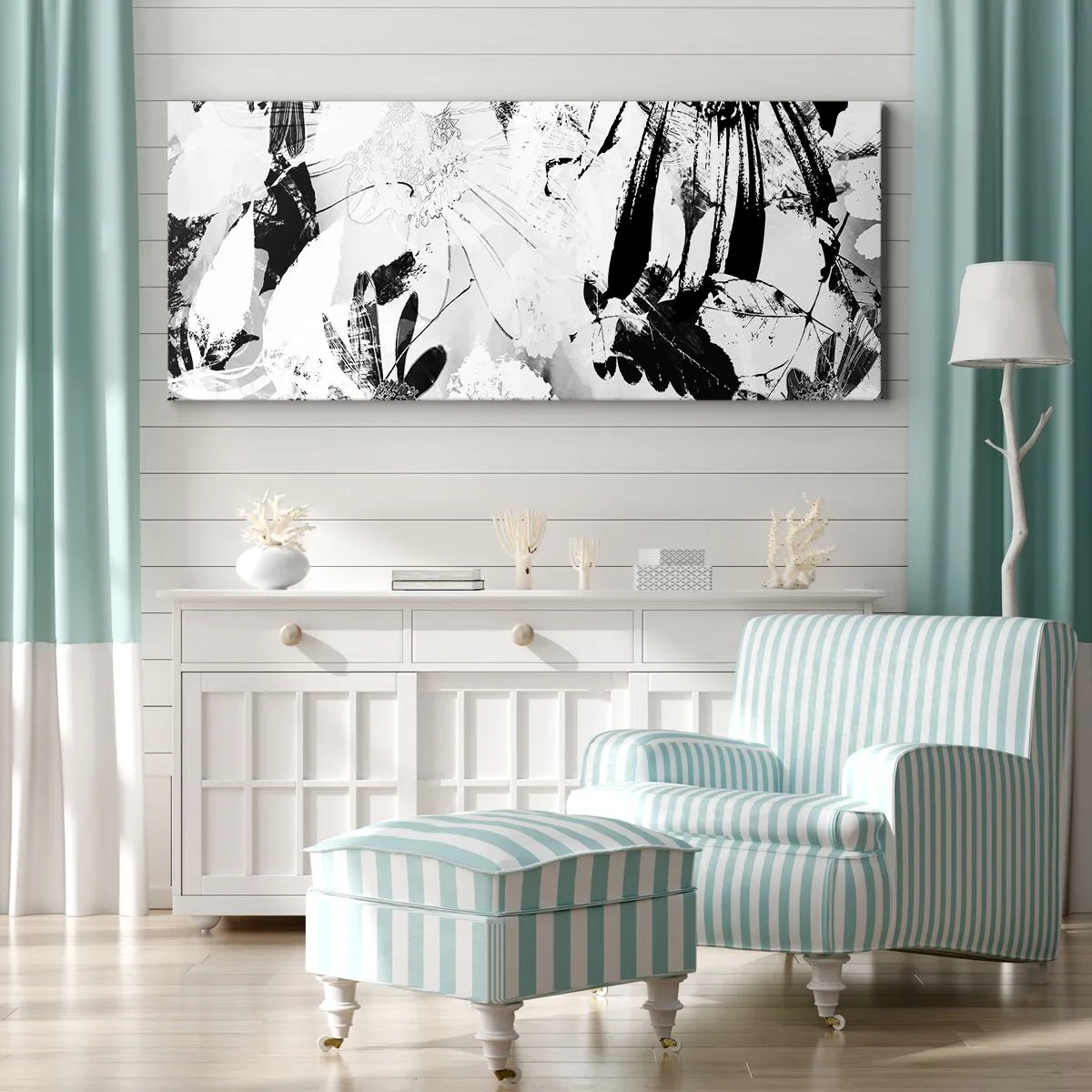 Bild auf Leinwand - Leinwandbild - Schwarz-weiße abstrakte Blumen im minimalistischen Stil - 160x50cm - Herbst negativ - Moderne Wanddekoration für Wohnzimmer und Schlafzimmer ARTTOR