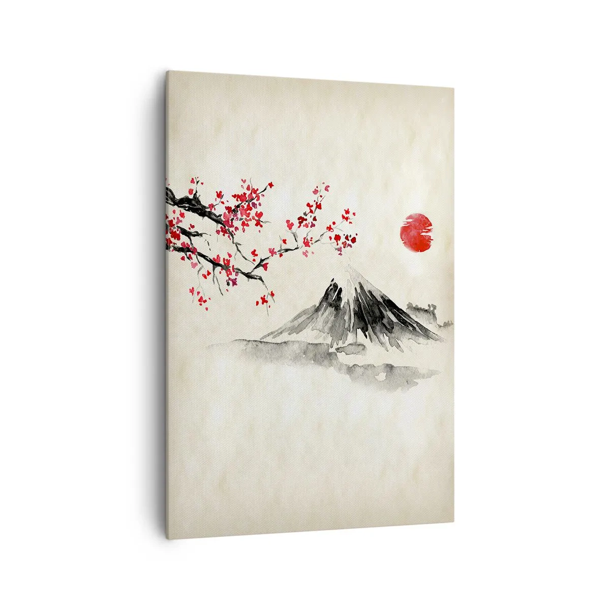 Bild auf Leinwand - Leinwandbild - Eine malerische Landschaft mit einem Berg, Kirschblüten und Sonnenschein - 70x100cm - Liebe Japan - Moderne Wanddekoration für Wohnzimmer und Schlafzimmer ARTTOR