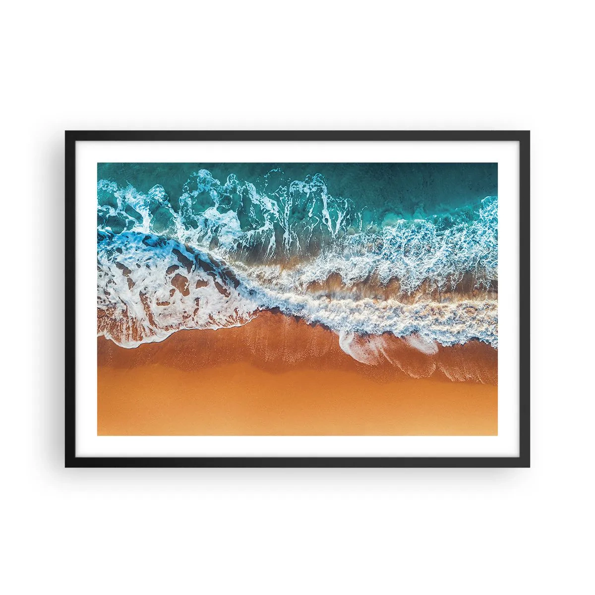 Poster in einem schwarzem Rahmen - Luftaufnahme der Meereswellen, die an die Küste krachen - 70x50cm - Immer Hand in Hand - Moderne Wanddekoration für Wohnzimmer und Schlafzimmer ARTTOR