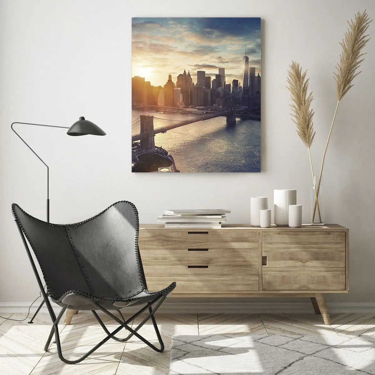 Glasbild - Bild auf glas - Blick auf die Stadt bei Sonnenuntergang mit der Brücke im Vordergrund - 50x70cm - Westliches Kulturdenkmal - Moderne Wanddekoration für Wohnzimmer und Schlafzimmer ARTTOR
