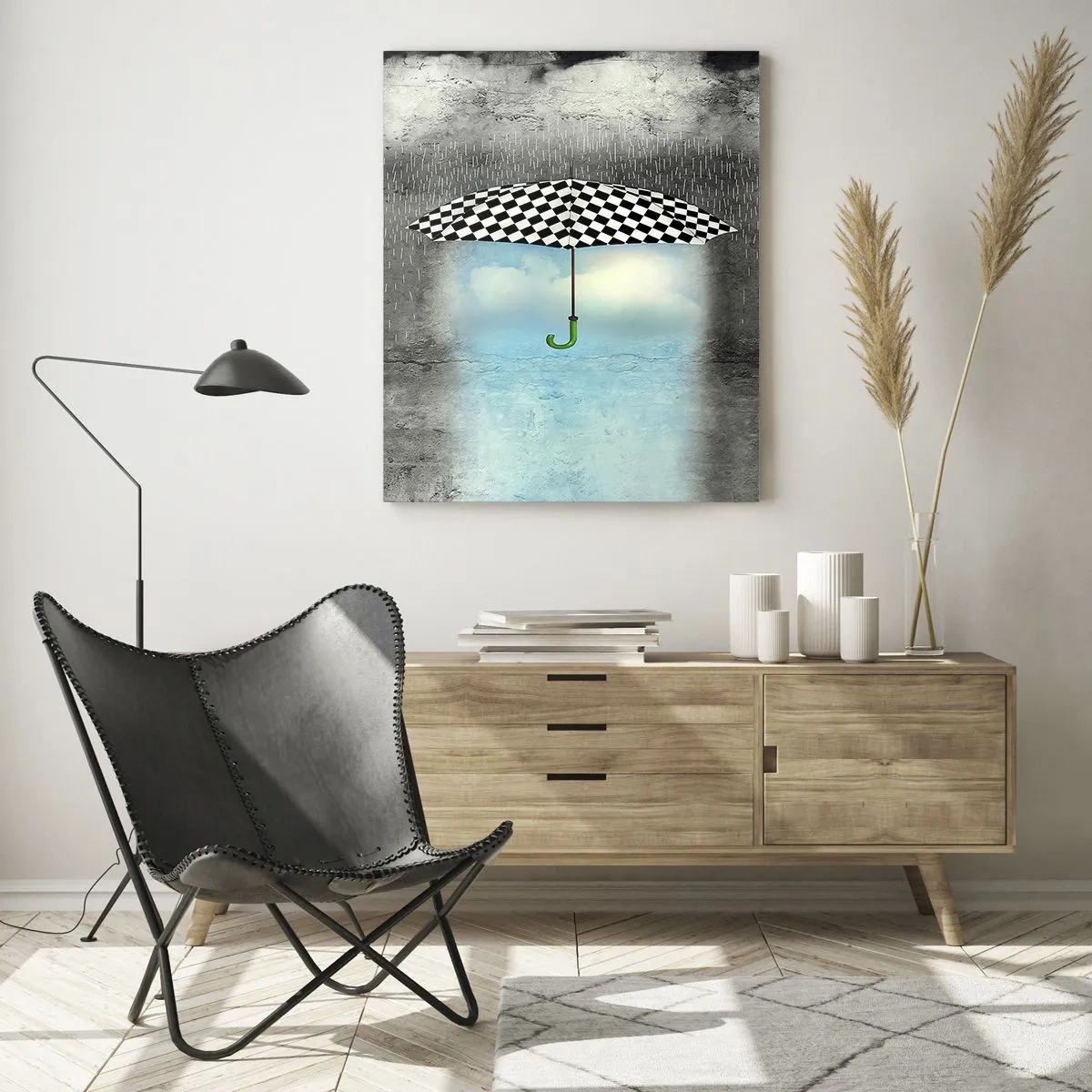 Glasbild - Bild auf glas - Ein schwarz-weiß karierter Regenschirm vor einem Hintergrund aus Regen und Wolken - 50x70cm - Aber möglich - Moderne Wanddekoration für Wohnzimmer und Schlafzimmer ARTTOR