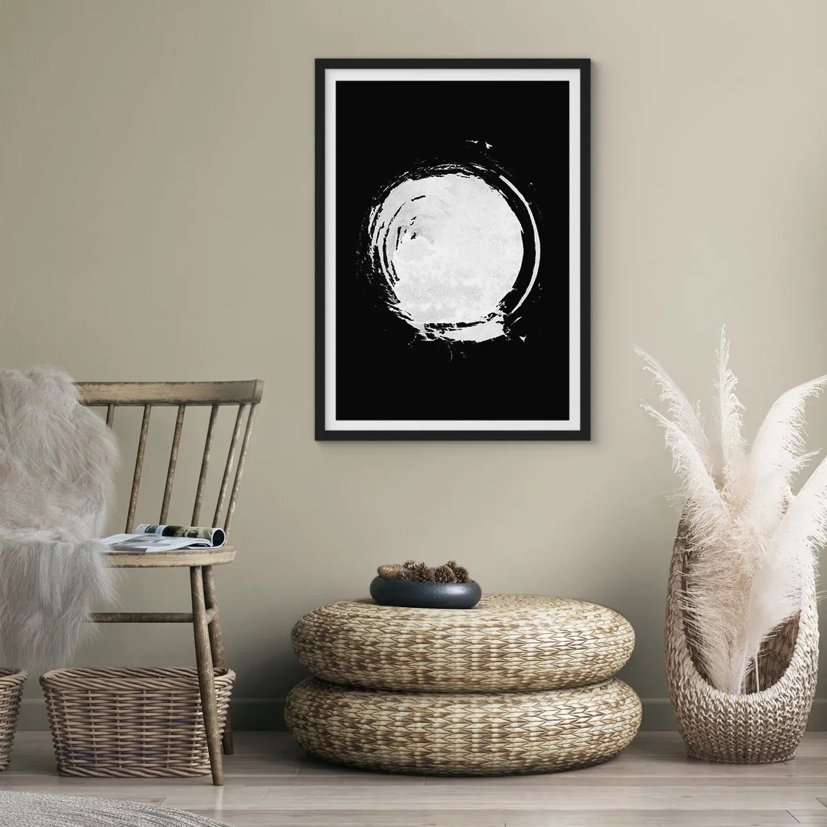 Poster in einem schwarzem Rahmen - Weiße abstrakte Kreisform auf schwarzem Hintergrund - 50x70cm - Gute Möglichkeit - Moderne Wanddekoration für Wohnzimmer und Schlafzimmer ARTTOR