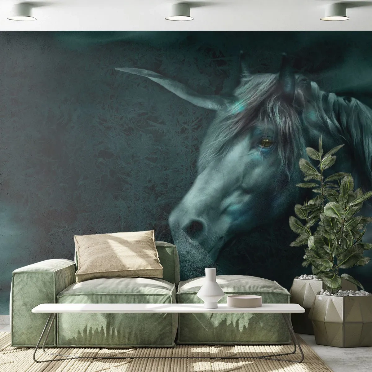 Fototapete Premium Sand - Ein geheimnisvolles Einhorn in einer dunklen Umgebung - 100x70cm - In einem Märchenwald - Moderne Wanddekoration für Wohnzimmer und Schlafzimmer ARTTOR