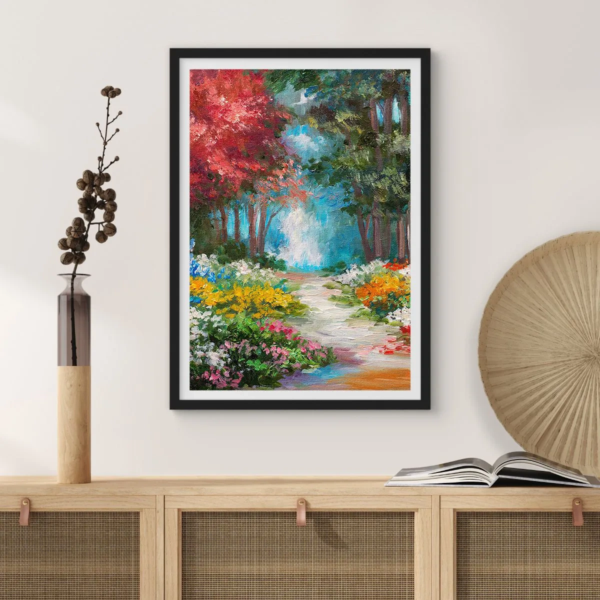 Poster in einem schwarzem Rahmen - Waldgarten, Blumenwald - 40x50 cm