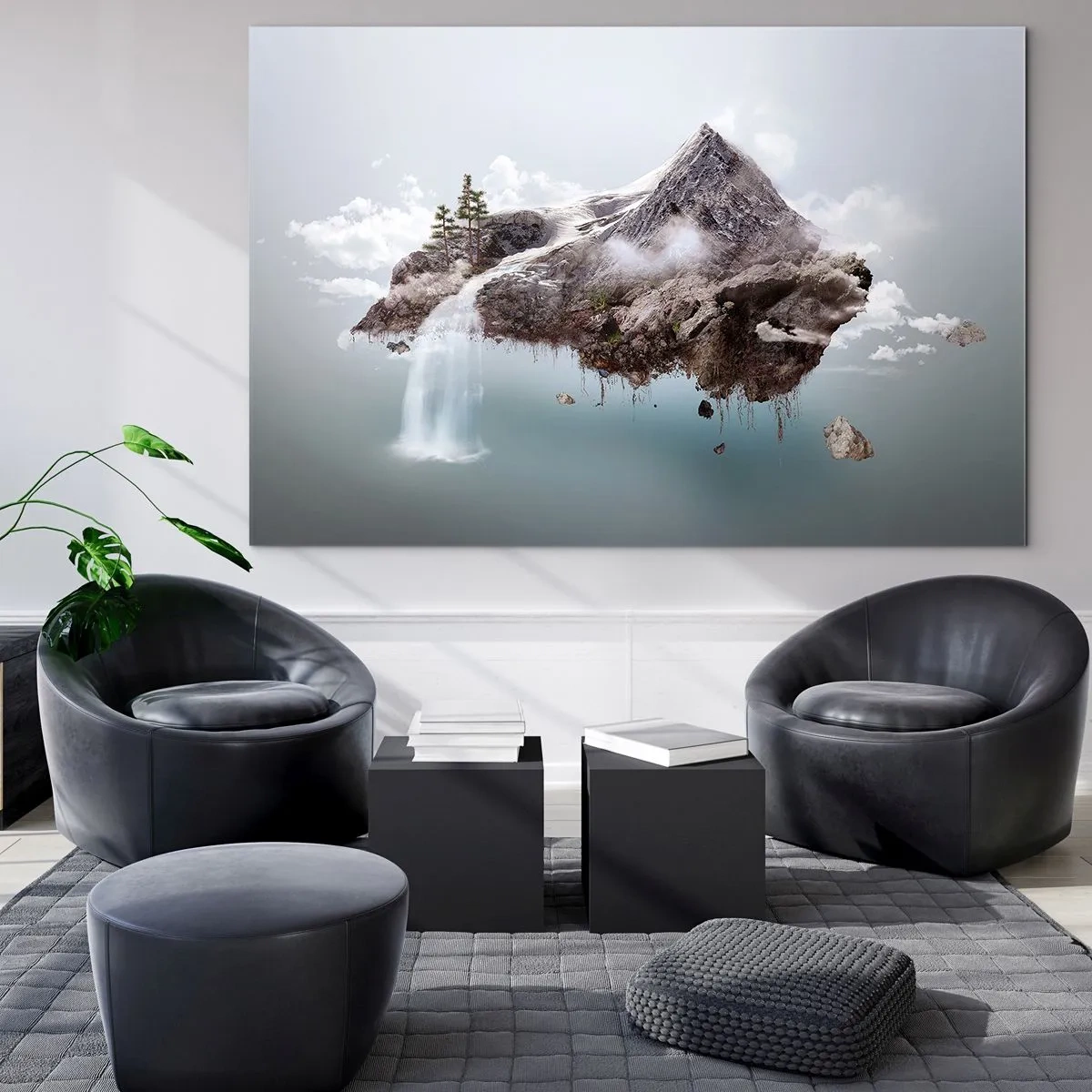 Glasbild - Bild auf glas - Eine schwimmende Berginsel mit einem Wasserfall im surrealen Stil. - 100x70cm - Mit dem Auge eines Surrealisten - Moderne Wanddekoration für Wohnzimmer und Schlafzimmer ARTTOR