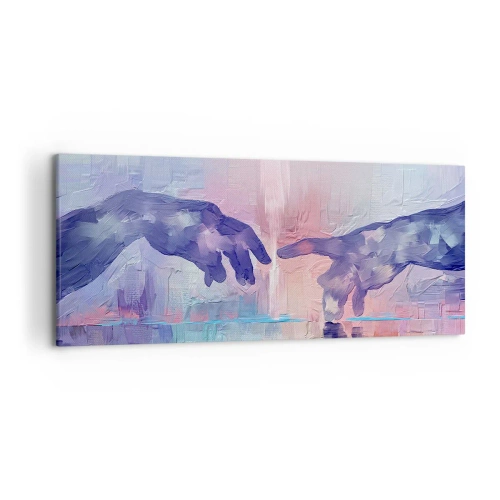 Bild auf Leinwand - Leinwandbild - Symbolische Hände in abstrakten Farben, die auf das Thema der Schöpfung verweisen - 120x50cm - Göttlicher Funke des Lebens - Moderne Wanddekoration für Wohnzimmer und Schlafzimmer ARTTOR