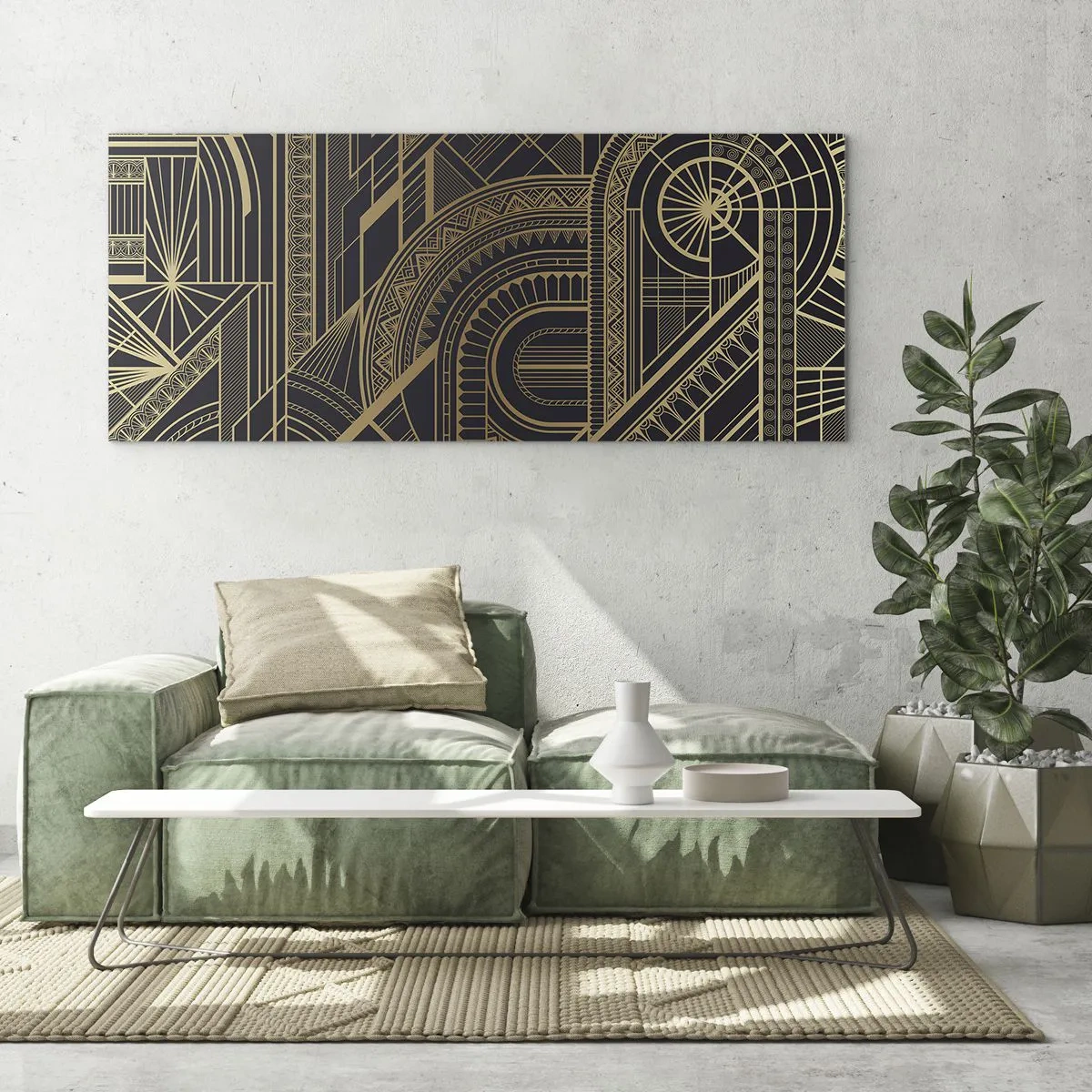 Glasbild - Bild auf glas - Goldene geometrische Muster auf schwarzem Hintergrund im Art-Deco-Stil - 120x50cm - Konzepte, Ideen, Pläne - Moderne Wanddekoration für Wohnzimmer und Schlafzimmer ARTTOR