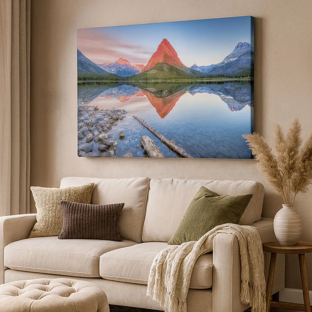 Bild auf Leinwand - Leinwandbild - Ein Berg, der sich bei Sonnenuntergang in einem See spiegelt - 70x50cm - Hitze und Kälte - Moderne Wanddekoration für Wohnzimmer und Schlafzimmer ARTTOR