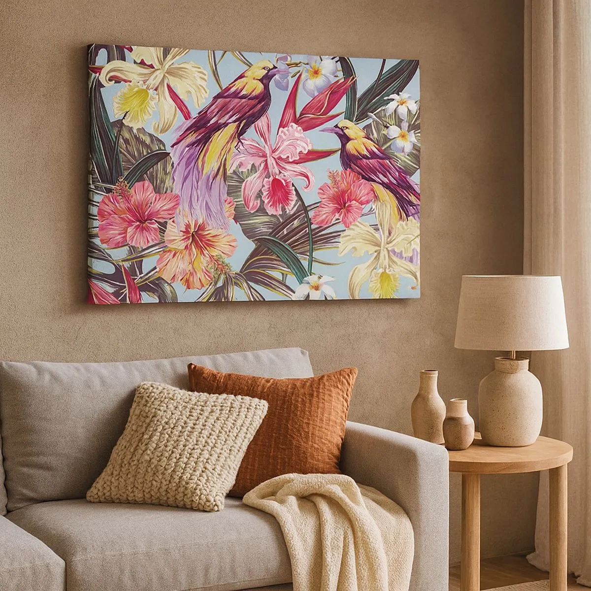 Bild auf Leinwand - Leinwandbild - Exotische Vögel zwischen tropischen Blumen - 70x50cm - Blütenblätter und Federn - Moderne Wanddekoration für Wohnzimmer und Schlafzimmer ARTTOR