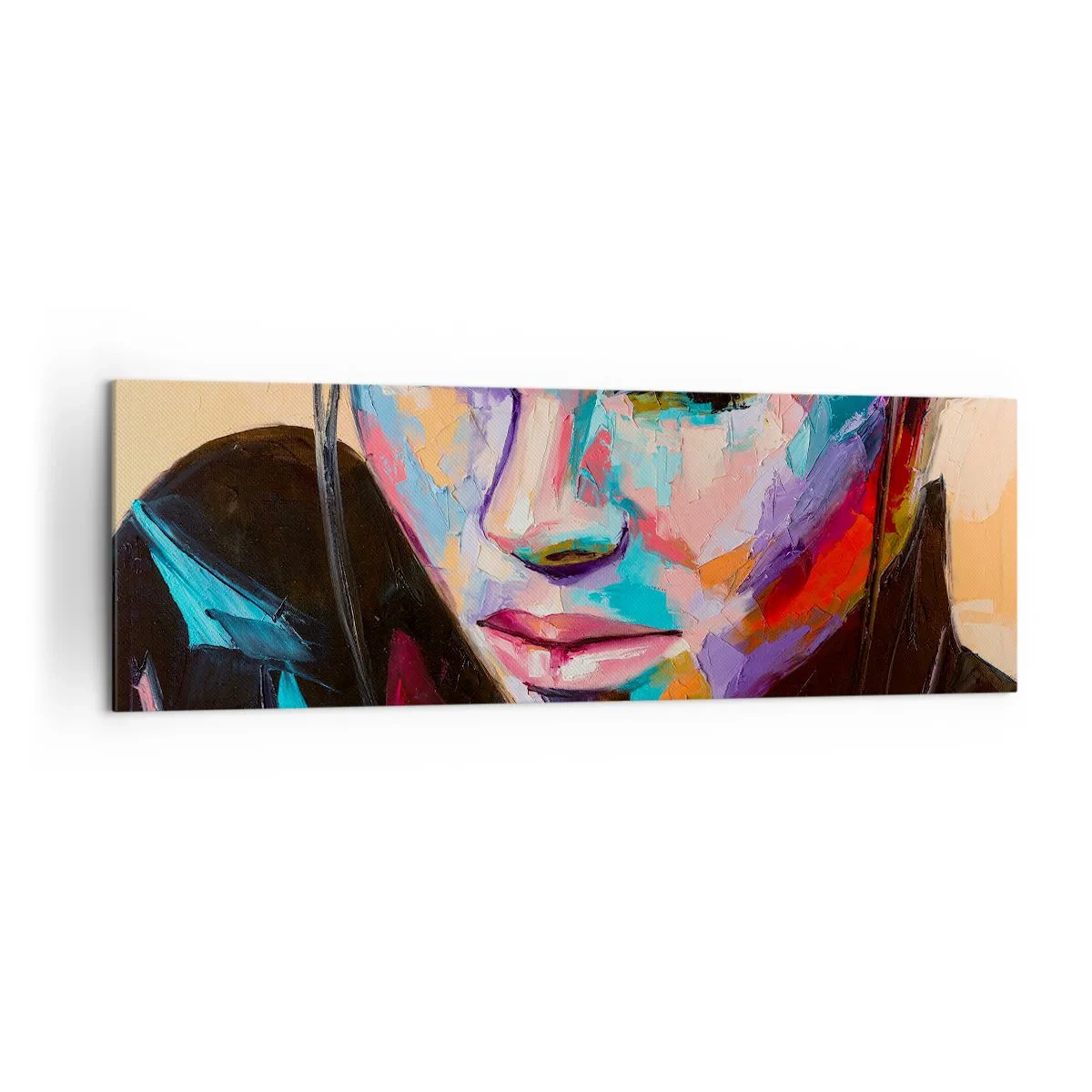 Bild auf Leinwand - Leinwandbild - Porträt einer Frau in lebendigen abstrakten Farben - 160x50cm - Wild im Herzen - Moderne Wanddekoration für Wohnzimmer und Schlafzimmer ARTTOR