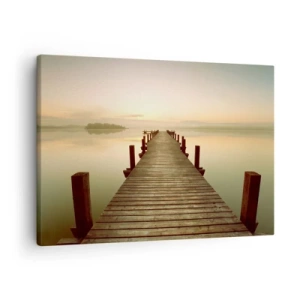 Bild auf Leinwand - Leinwandbild - Ein Holzsteg an einem ruhigen See am Morgen - 70x50cm - Tagesanbruch, Morgendämmerung, Licht - Moderne Wanddekoration für Wohnzimmer und Schlafzimmer ARTTOR