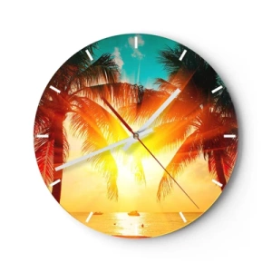 Wanduhr - Glasuhr - Sonnenuntergang hinter Palmen über einem tropischen Meer - 30x30cm - Exotisches Paar - Moderne Wanddekoration für Wohnzimmer, Küche und Schlafzimmer ARTTOR