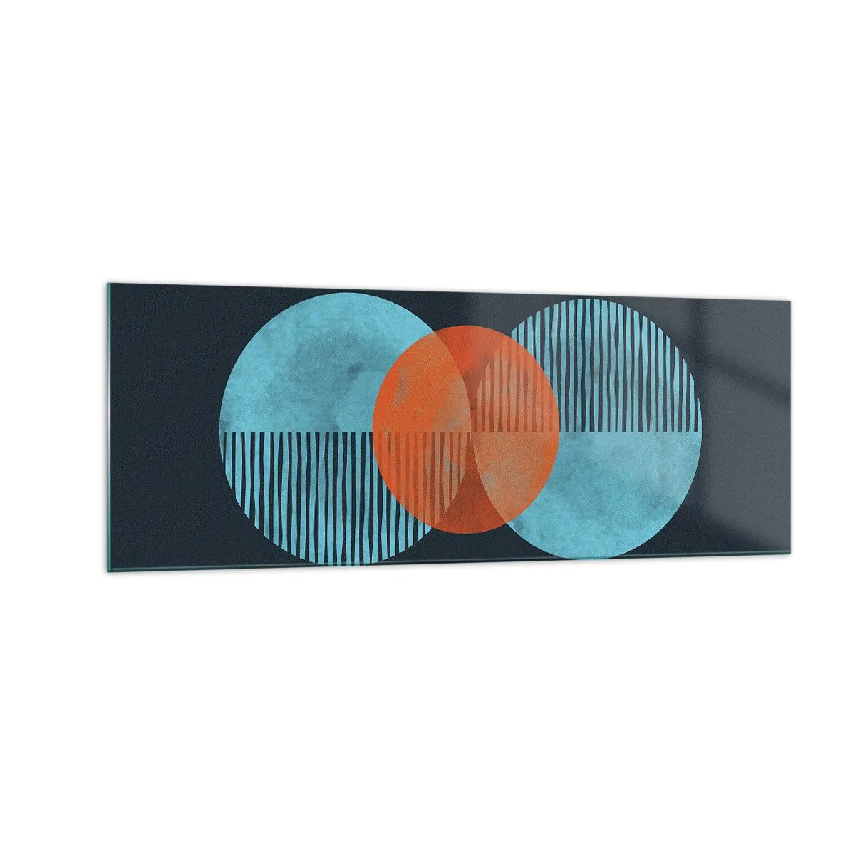 Glasbild - Bild auf glas - Geometrische Kreise in Blau- und Orangetönen - 140x50cm - Symmetrische Komposition - Moderne Wanddekoration für Wohnzimmer und Schlafzimmer ARTTOR