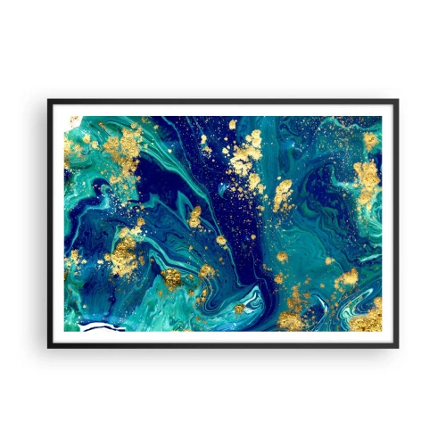 Poster in einem schwarzem Rahmen - Eine abstrakte Komposition mit blauen, grünen und goldenen Akzenten. - 100x70cm - Die Blütenblätter der Sonne - Moderne Wanddekoration für Wohnzimmer und Schlafzimmer ARTTOR