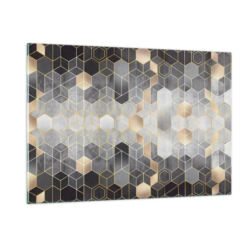 Glasbild - Bild auf glas - Geometrisches Muster aus Sechsecken in goldenen Linien - 120x80cm - Diamant-Komposition - Moderne Wanddekoration für Wohnzimmer und Schlafzimmer ARTTOR