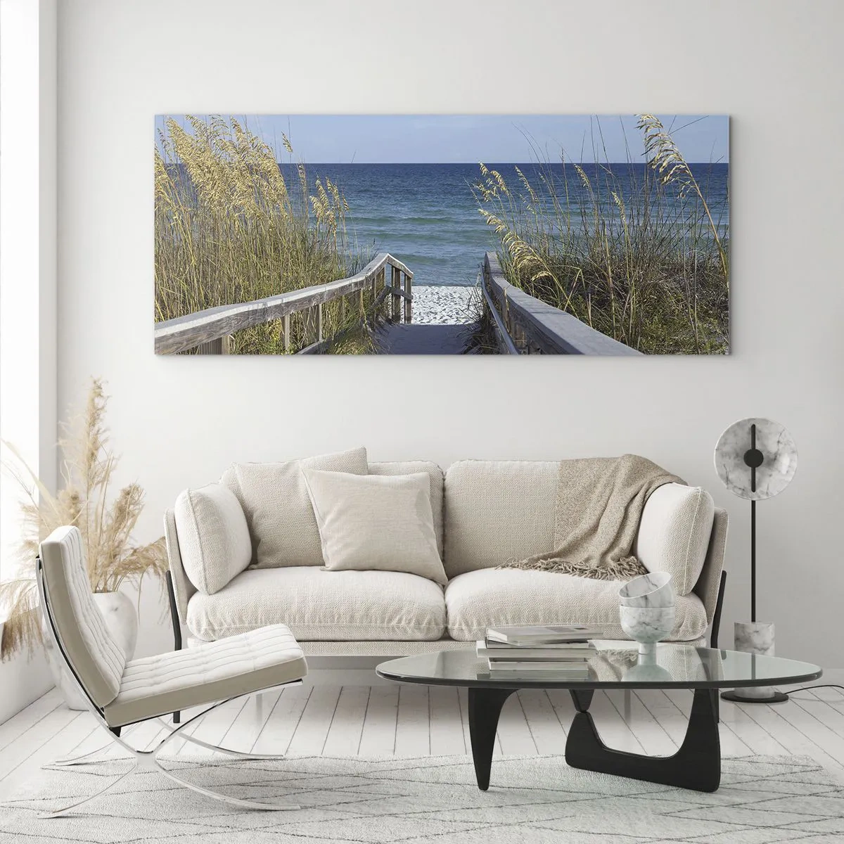 Glasbild - Bild auf glas - Weg zum Strand mit Meerblick - 140x50cm - In der Sonne, im Wind - Moderne Wanddekoration für Wohnzimmer und Schlafzimmer ARTTOR