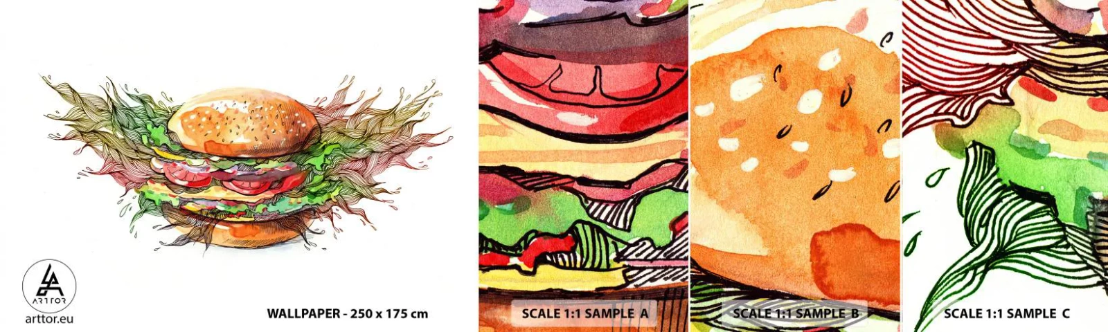 Fototapeten Muster Selbstklebend Deluxe Sticker - Heiße Versuchung - Gastronomie, Hamburger, Kulinarisch - 100x30 cm