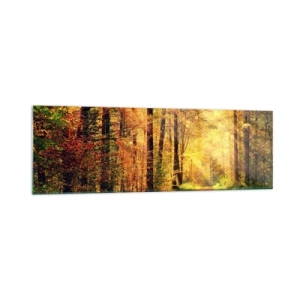 Glasbild - Bild auf glas - Ein Waldweg, umgeben von goldenen und grünen Bäumen - 160x50cm - Waldgoldene Stille - Moderne Wanddekoration für Wohnzimmer und Schlafzimmer ARTTOR