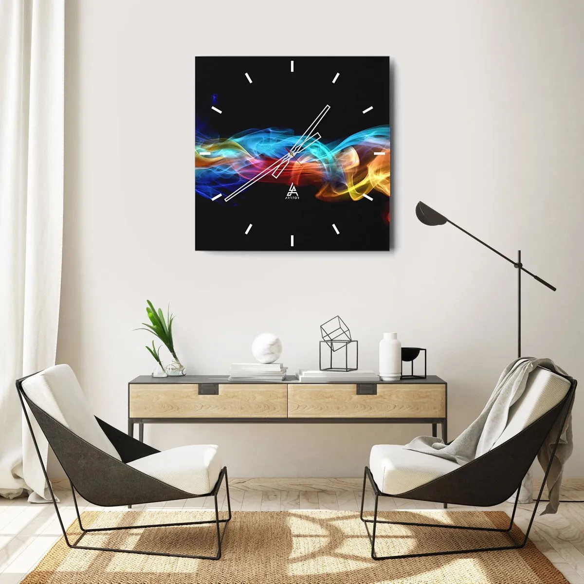 Wanduhr - Glasuhr - Bunter Rauch auf schwarzem Hintergrund - 30x30cm - Regenbogentanz der Nebel - Moderne Wanddekoration für Wohnzimmer und Schlafzimmer ARTTOR